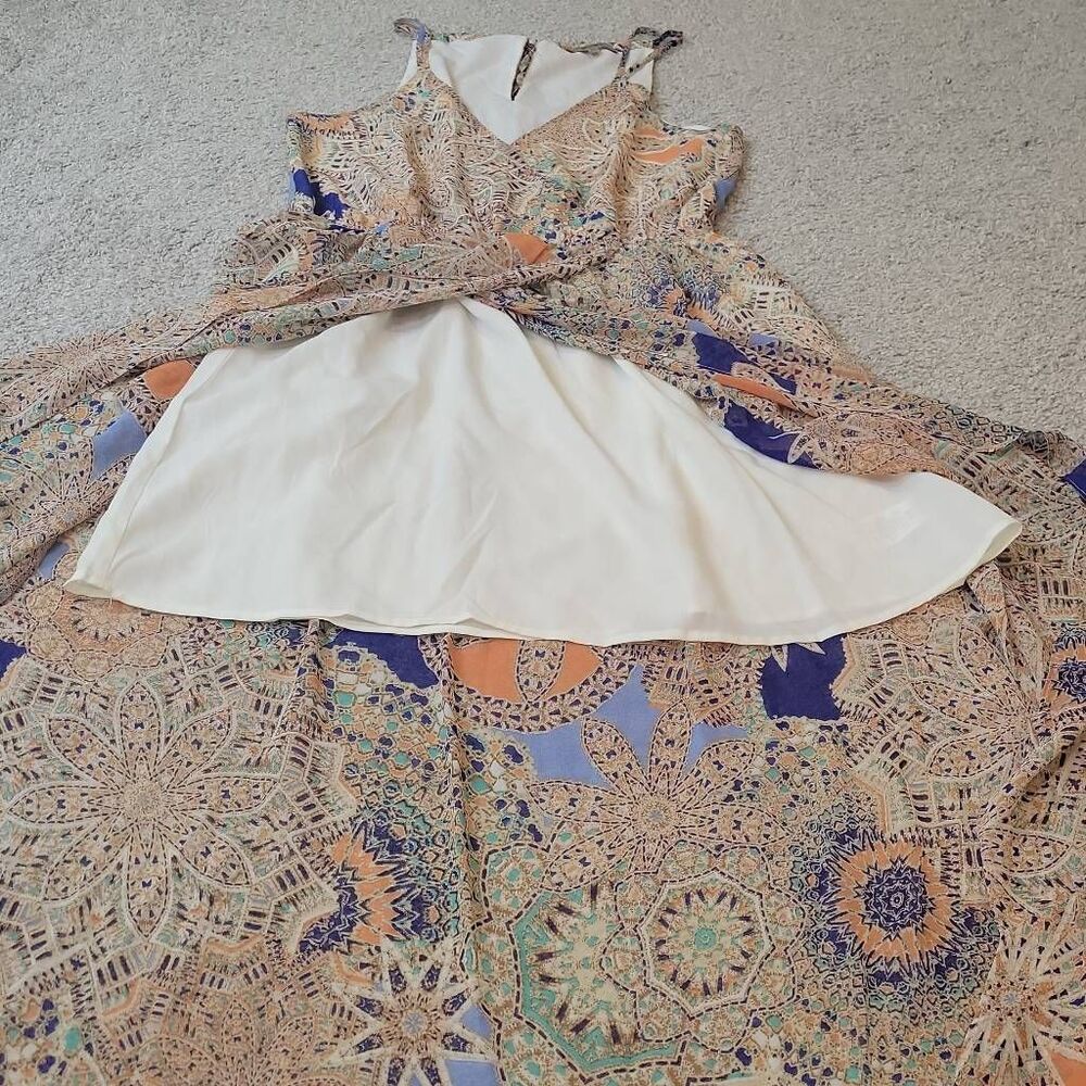 Miss Me Beige Lace Midi Dress with Blue and Orange Accents - Picture 8 of 8